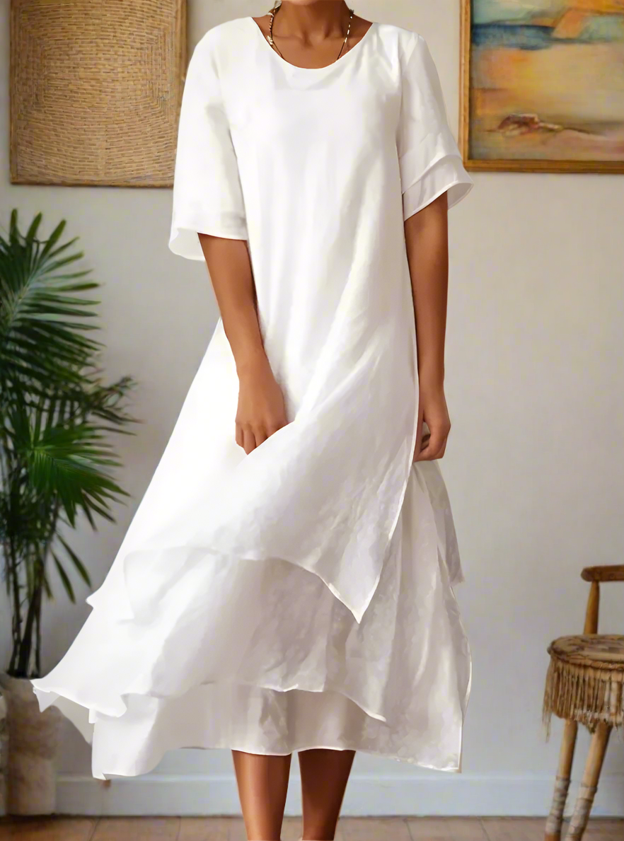 Elegantes Maxikleid mit Stufenrock und dreiviertel Ärmeln für einen modernen Look