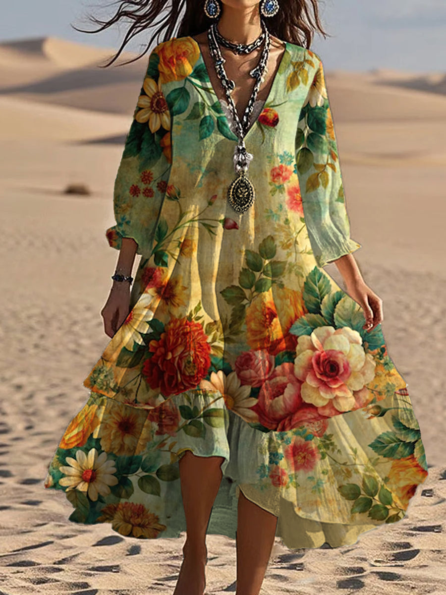 Elegantes Damen Midikleid im Vintage Stil mit Blumenmuster und V-Ausschnitt
