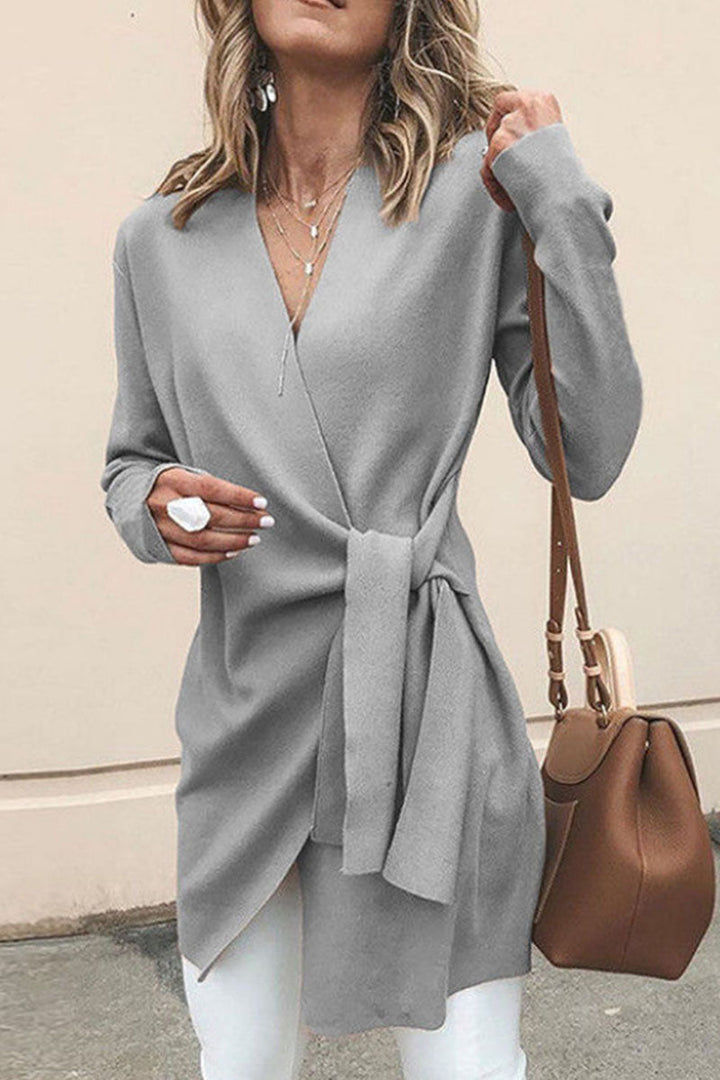 Stilvoller Damen Wickel-Pullover mit Gürtel und V-Ausschnitt