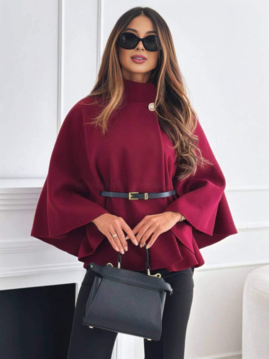 Kurzer Damen-Poncho-Mantel mit Knöpfen, Gürtel und weiten Ärmeln – Elegant und lässig