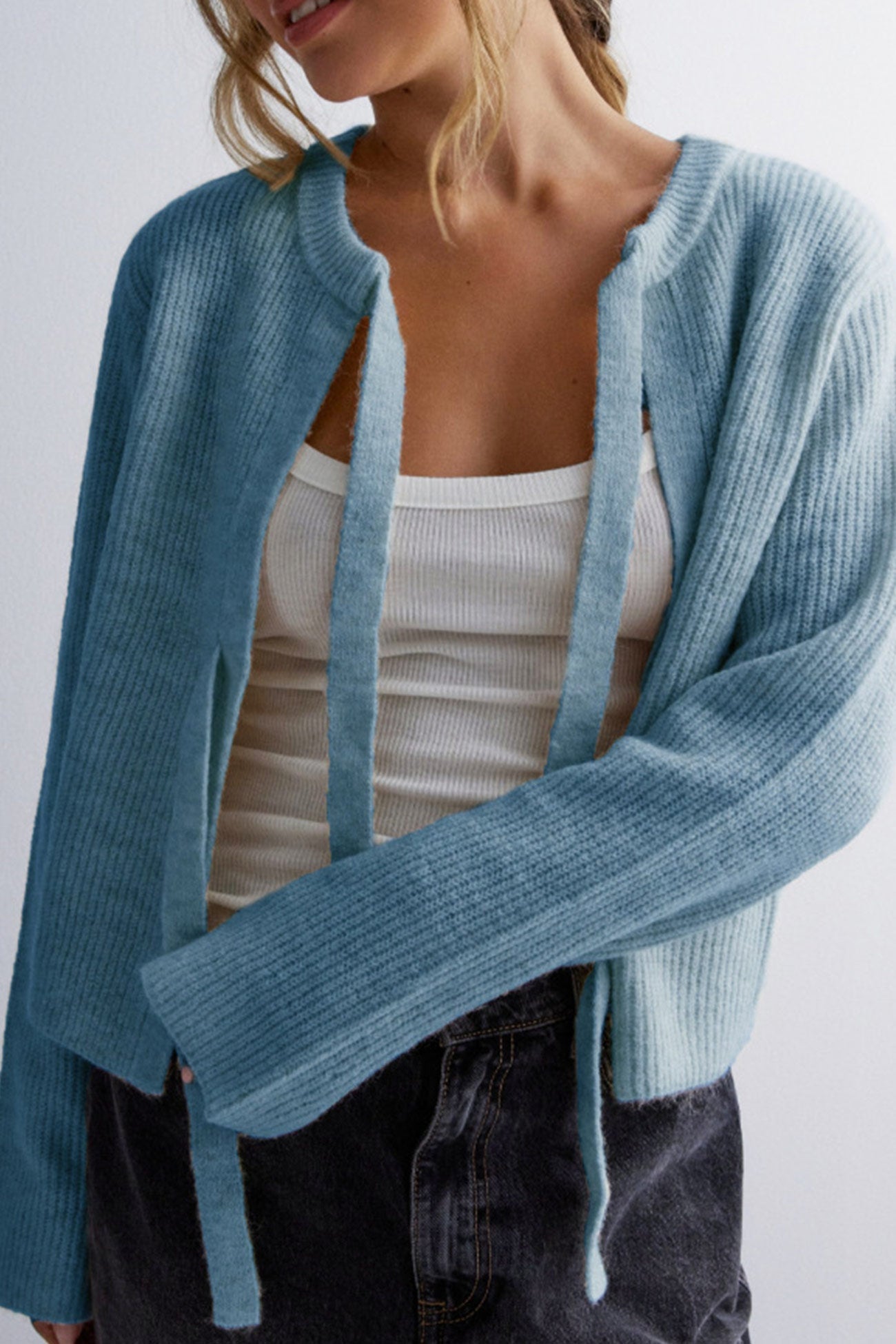 Kurzer Cardigan mit Bindegürtel und Rippstrickmuster für Damen
