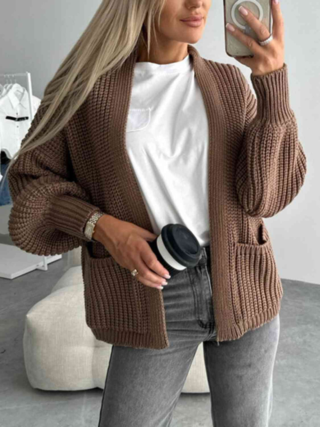 Bequemer Offene Front Cardigan mit Hängenden Schultern für einen Lässigen Aussehen
