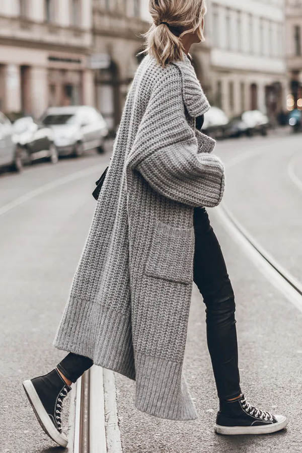 Grober Warmer Strick-Cardigan mit Knöpfen und Taschen – Lockerer Oversized-Schnitt