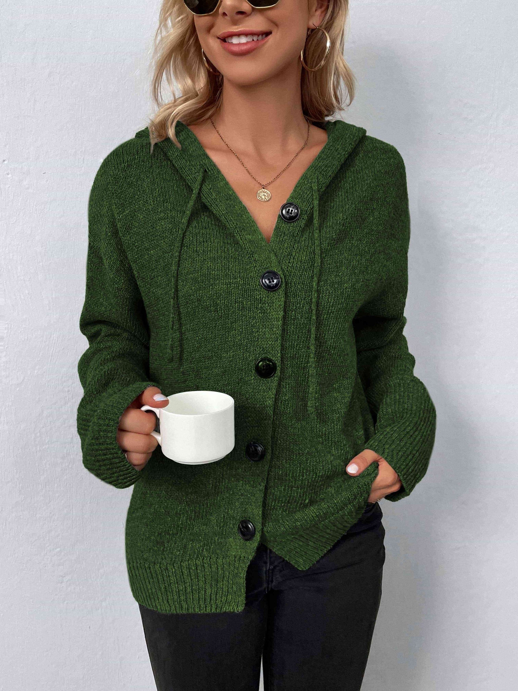 Langärmeliger Kapuzenpullover mit Knopfleiste für Modische Damen