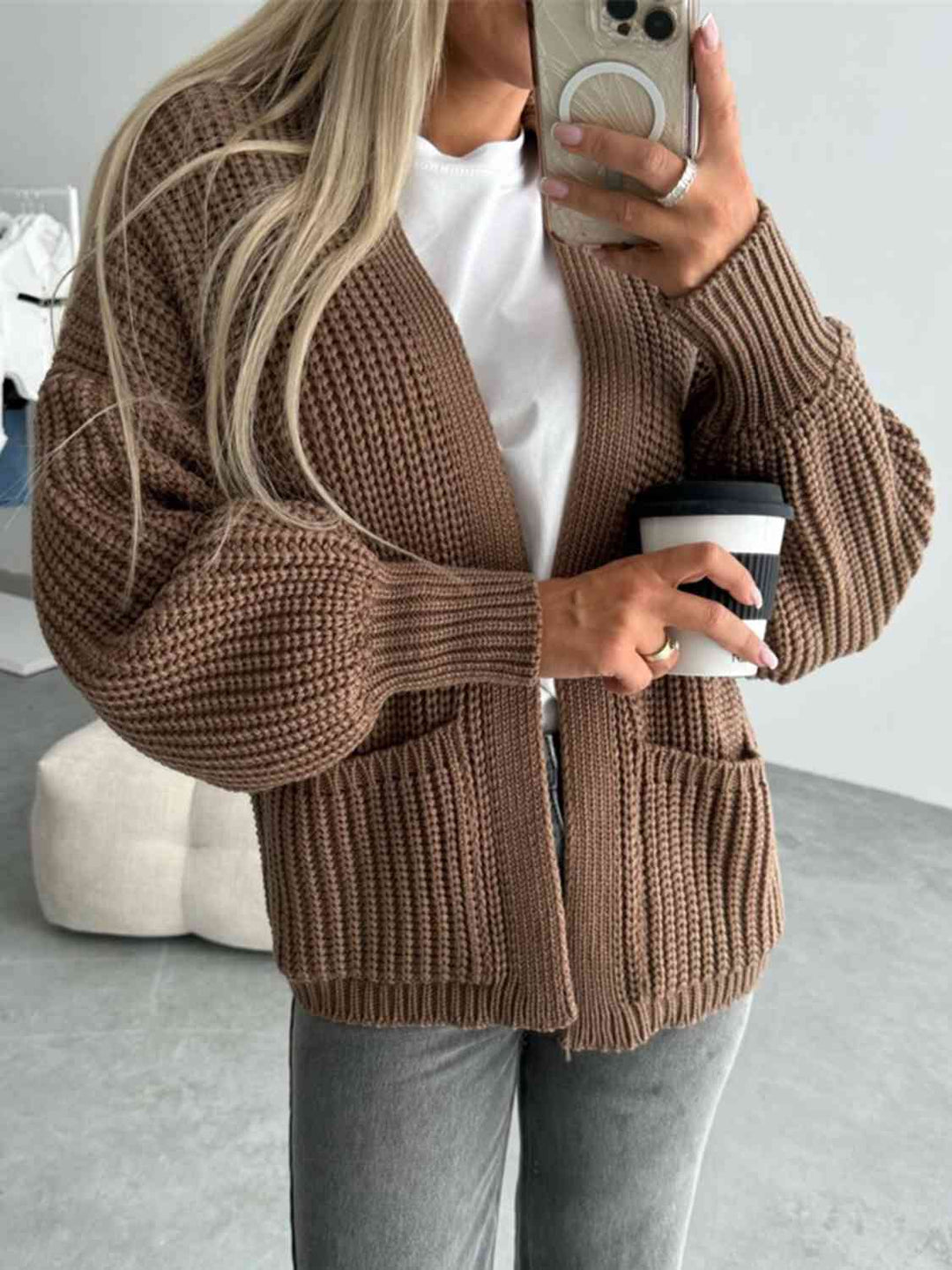 Bequemer Offene Front Cardigan mit Hängenden Schultern für einen Lässigen Aussehen