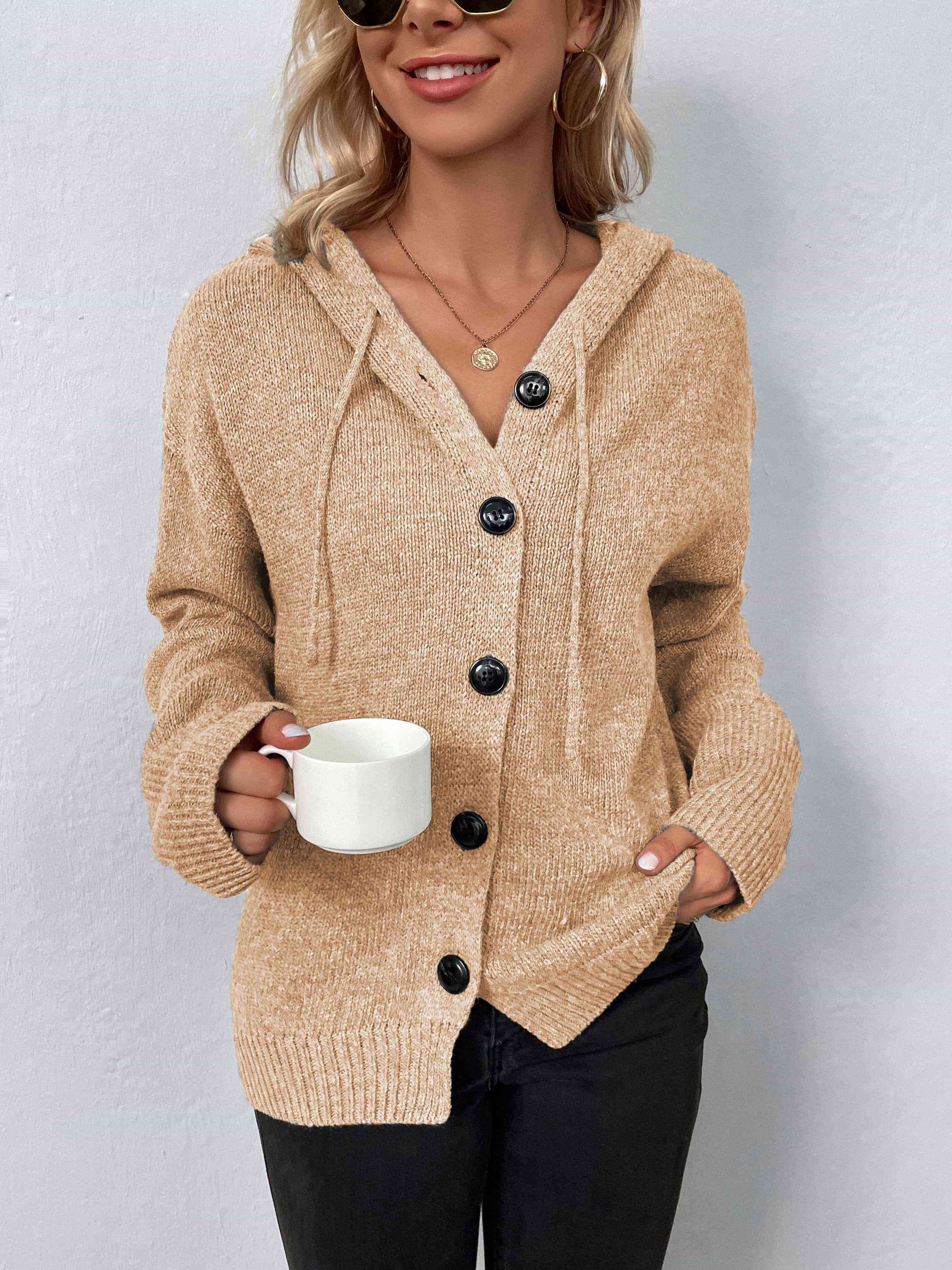 Langärmeliger Kapuzenpullover mit Knopfleiste für Modische Damen