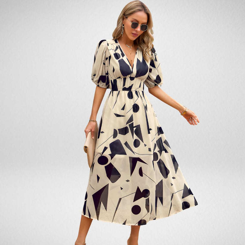 Midikleid mit geometrischem Druck und kurzen Lanternärmeln