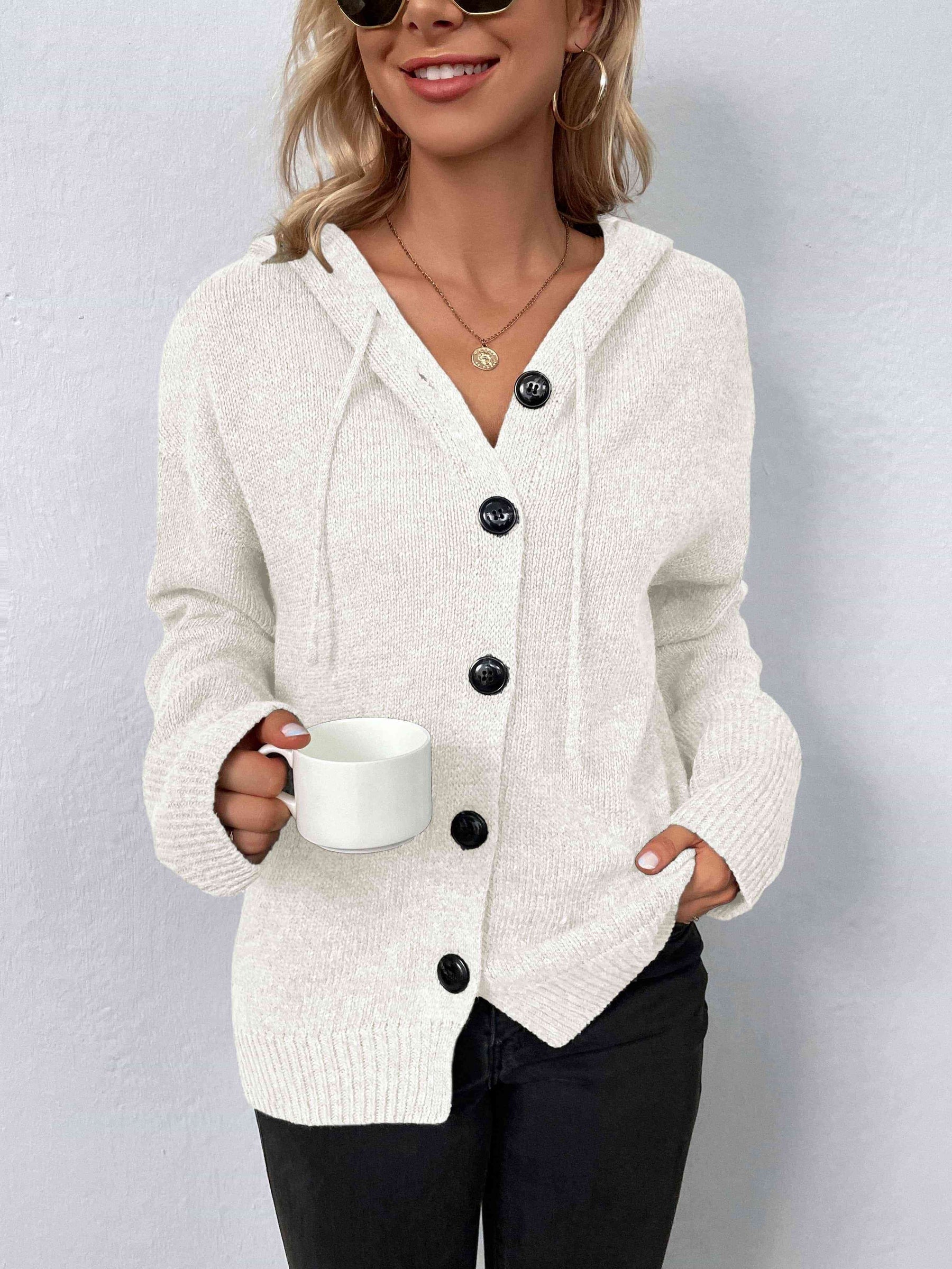 Langärmeliger Kapuzenpullover mit Knopfleiste für Modische Damen