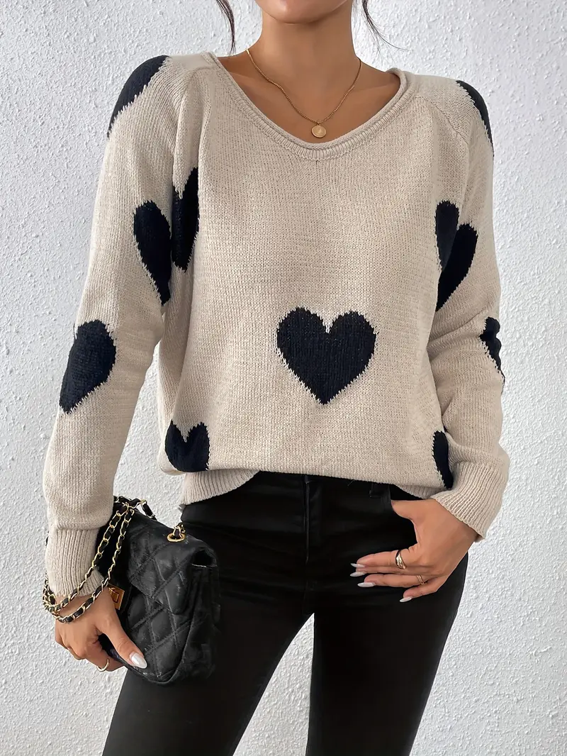 Damenpullover mit Herzmuster und V-Ausschnitt