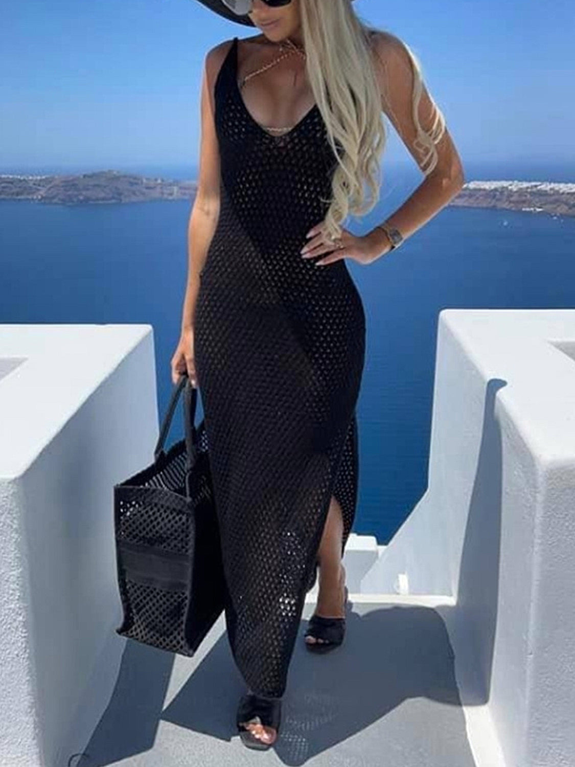 Ärmelloses Strandkleid mit V-Ausschnitt, stilvollem Cut-out-Design und seitlichem Schlitz
