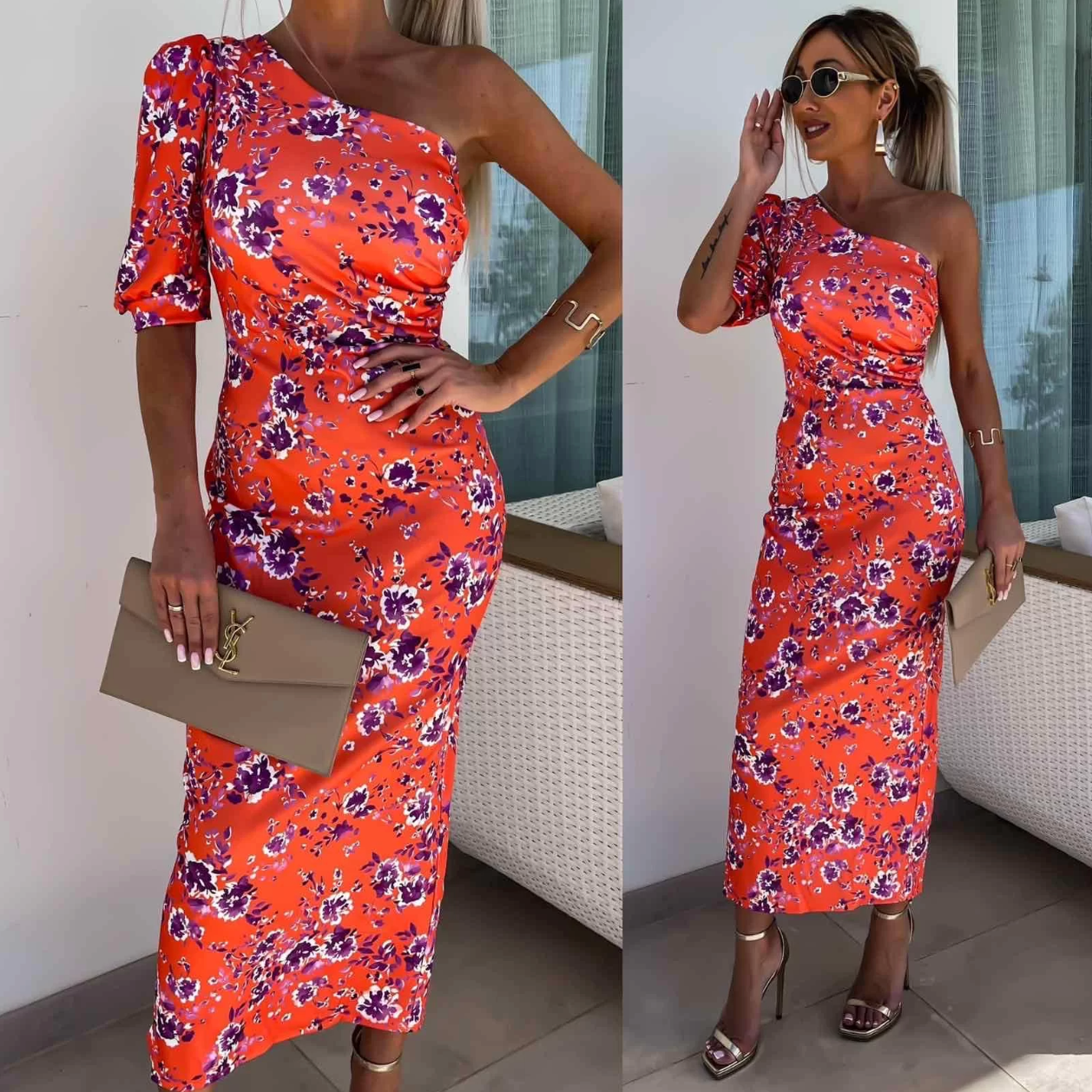 Elegantes langes Sommerkleid mit Print und asymmetrischem Träger