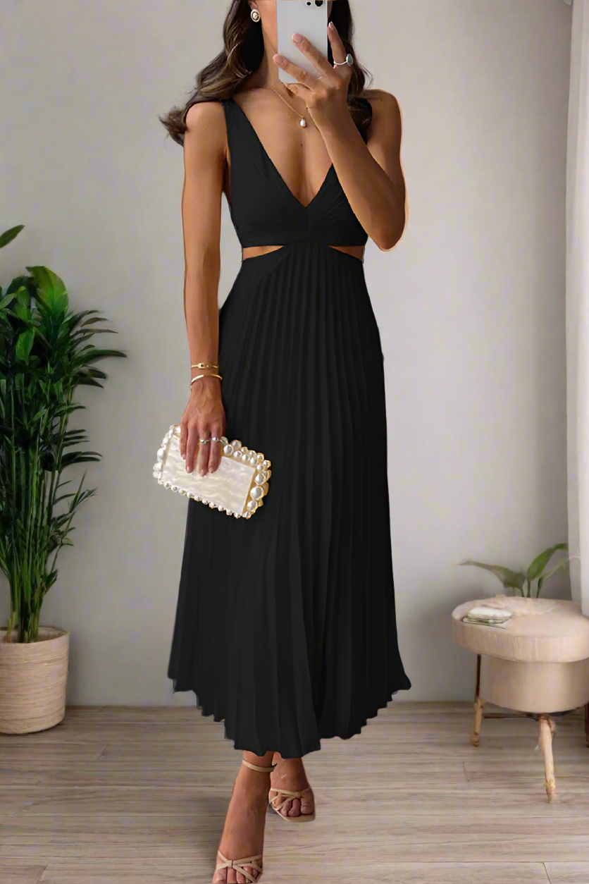 Ärmelloses Plissee Maxikleid mit V Ausschnitt und Cut Out Detail an der Taille