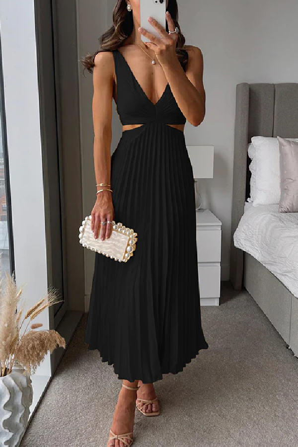 Ärmelloses Plissee Maxikleid mit V Ausschnitt und Cut Out Detail an der Taille