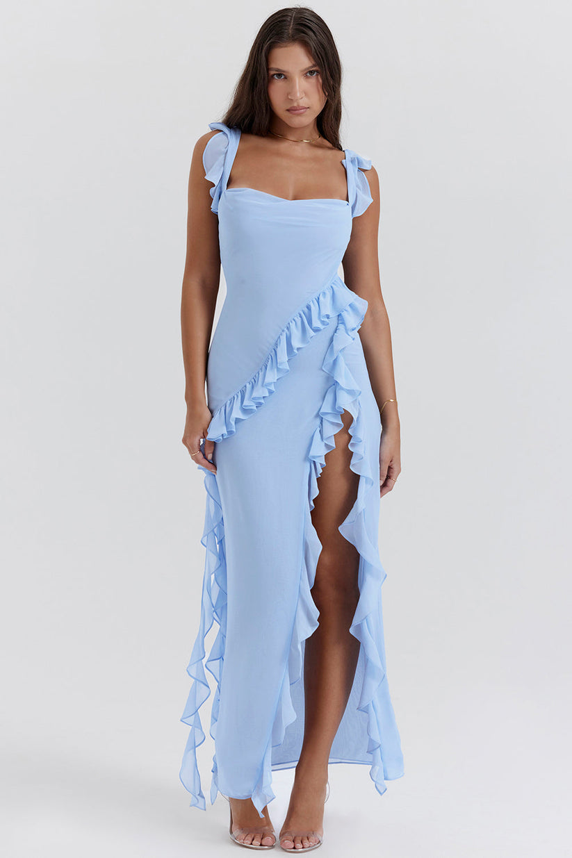 Langes elegantes Kleid mit stilvollen Volants für einen edlen Auftritt
