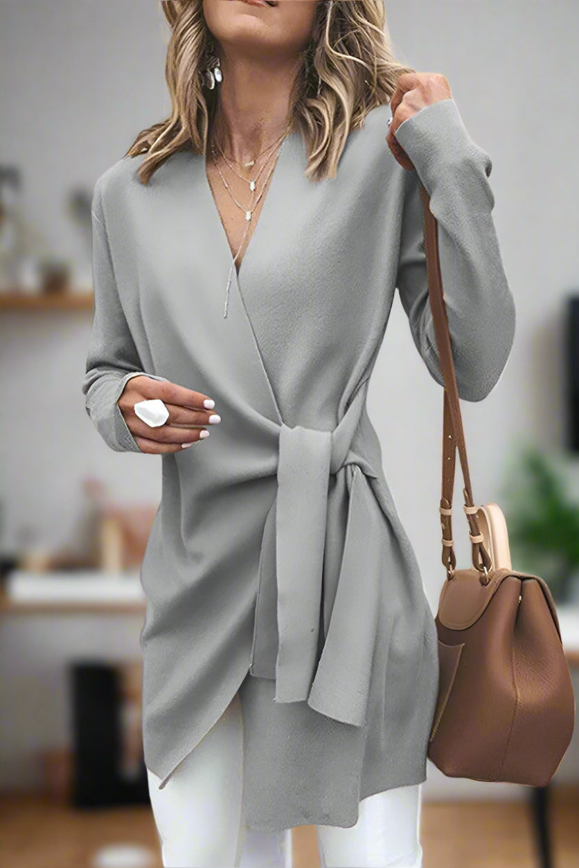 Stilvoller Damen Wickel-Pullover mit Gürtel und V-Ausschnitt