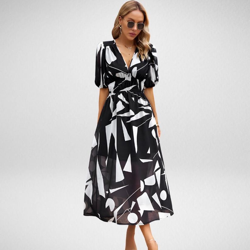 Midikleid mit geometrischem Druck und kurzen Lanternärmeln
