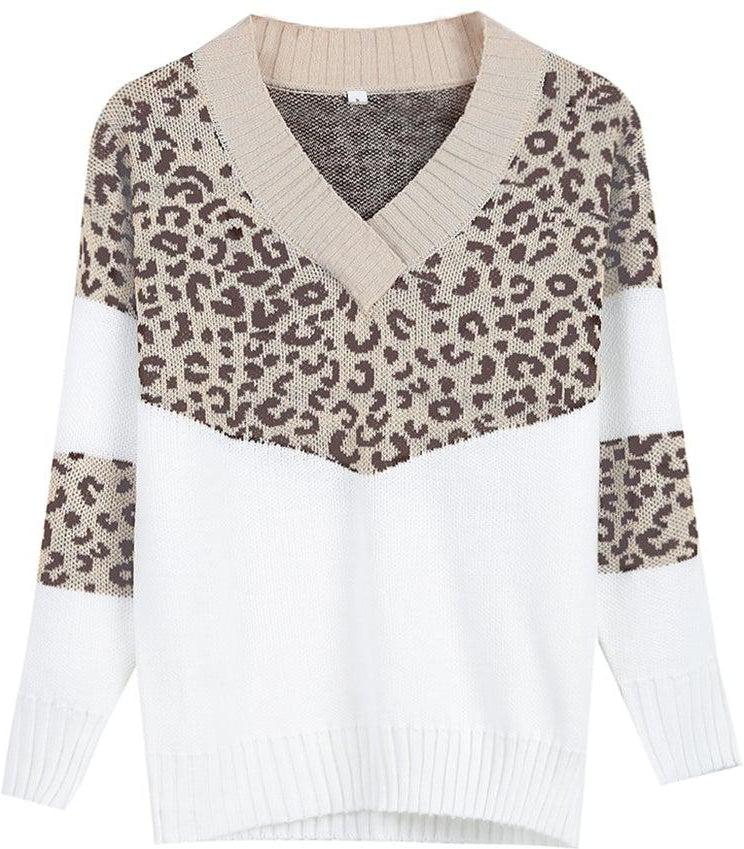 Bequemer Pullover mit Leopardenmusterblöcken und V-Ausschnitt