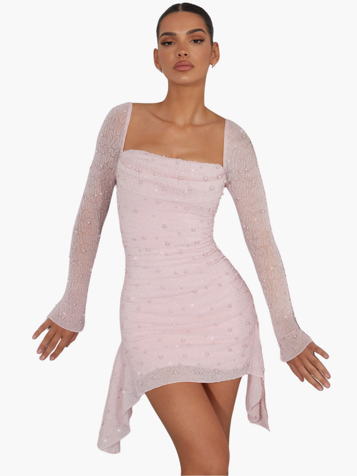 Elegantes Minikleid mit Perlenverzierung und langen Ärmeln für Damen