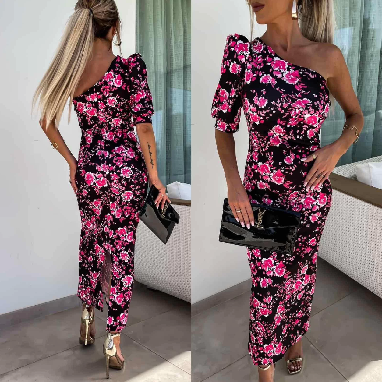 Elegantes langes Sommerkleid mit Print und asymmetrischem Träger