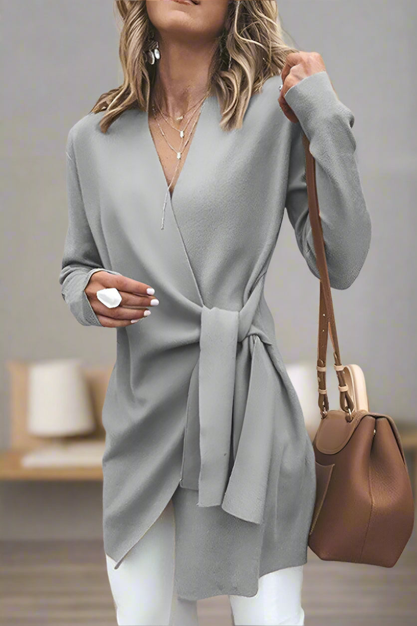 Stilvoller Damen Wickel-Pullover mit Gürtel und V-Ausschnitt