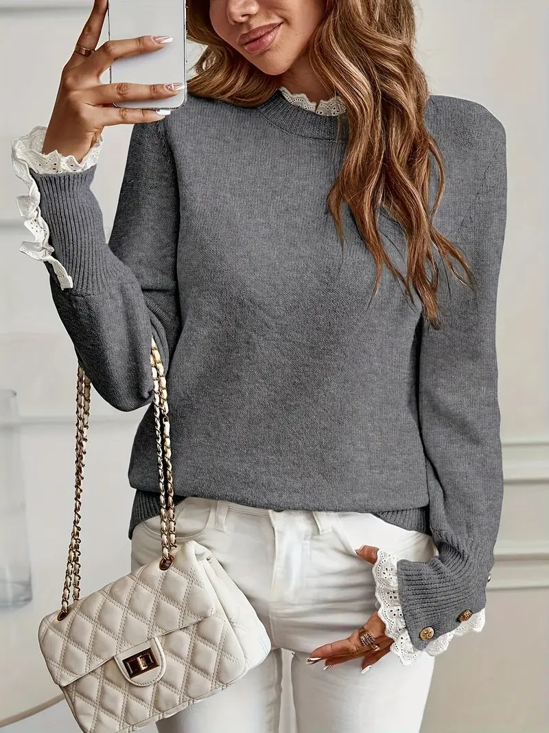 Stilvoller Damenpullover mit Rundhalsausschnitt und modernem Design für Ärmel und Kragen