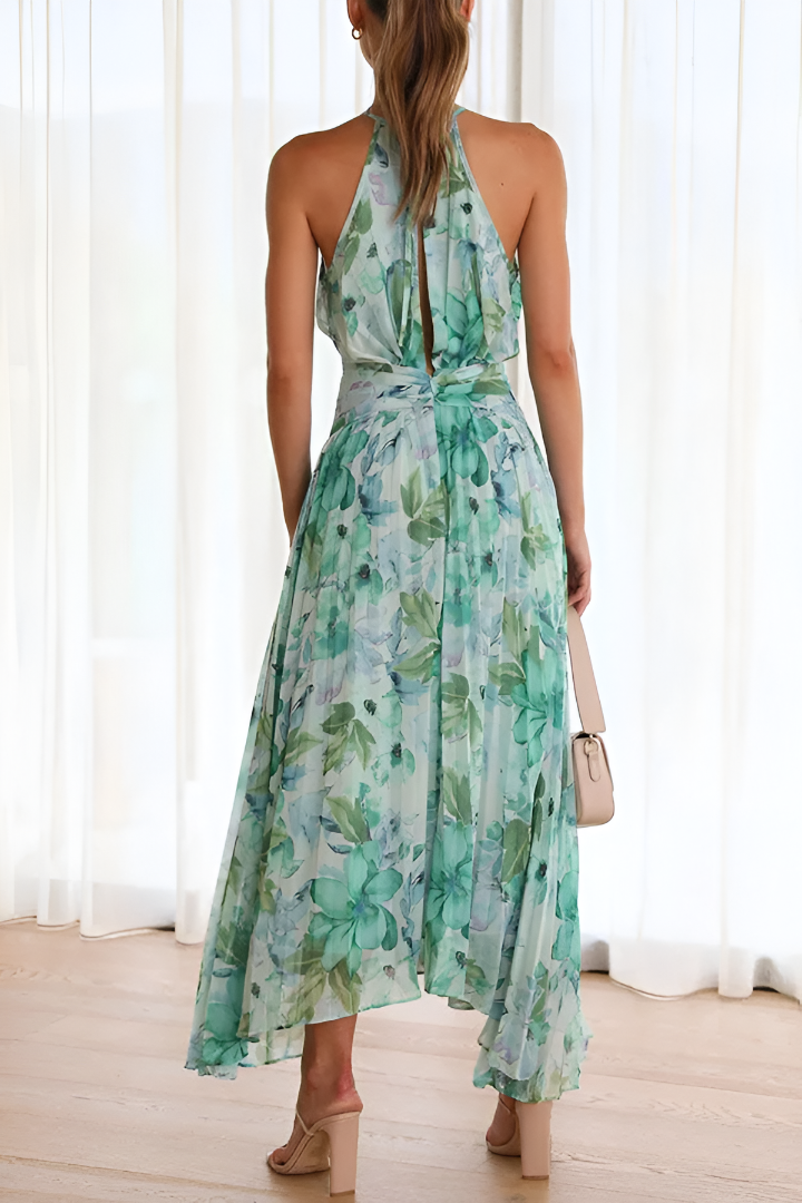 Elegantes Midikleid mit floraler Ausschnitt-Optik und femininen Falten