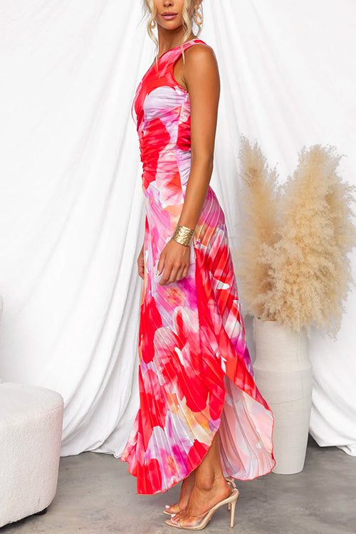Asymmetrisches langes Kleid mit einseitigem Träger und Print perfekt für einen eleganten und modernen Look