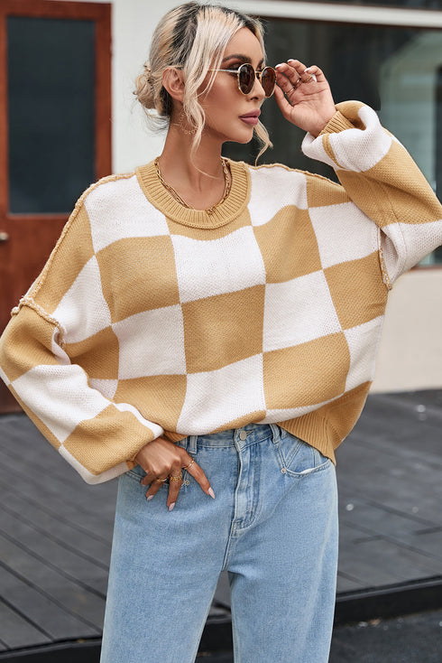 Pullover mit stylischem Schachbrettmuster und bequemem Rundkragen