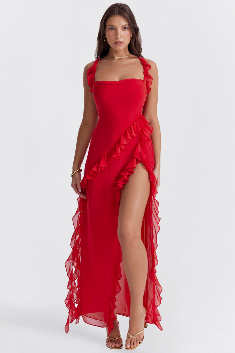 Langes elegantes Kleid mit stilvollen Volants für einen edlen Auftritt