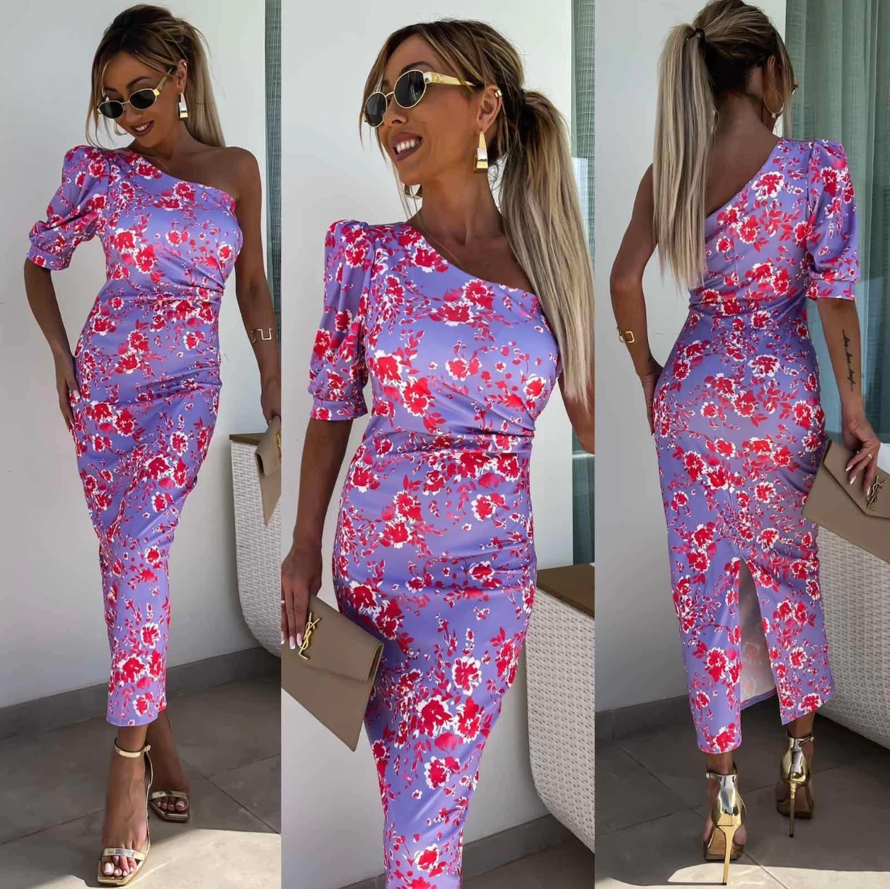 Elegantes langes Sommerkleid mit Print und asymmetrischem Träger