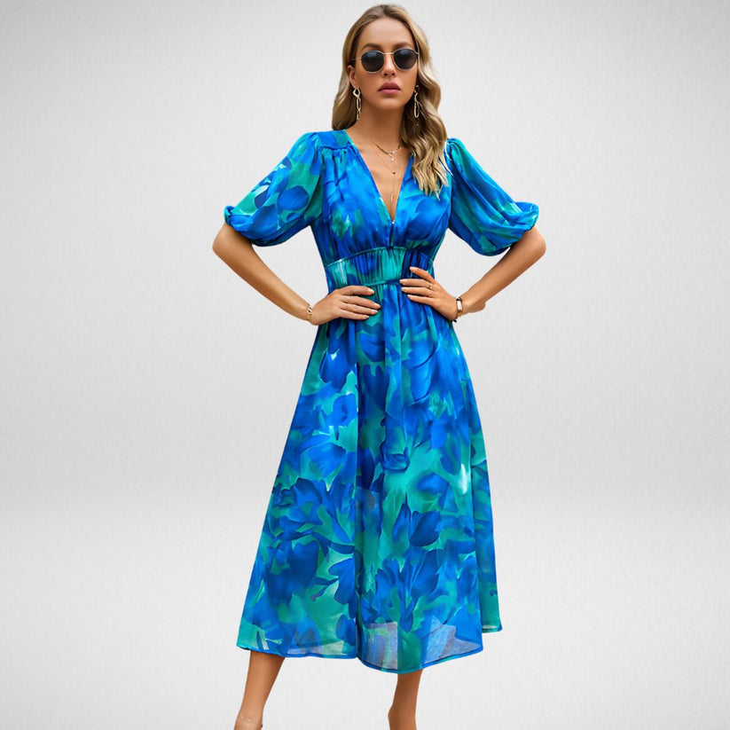 Midikleid mit geometrischem Druck und kurzen Lanternärmeln