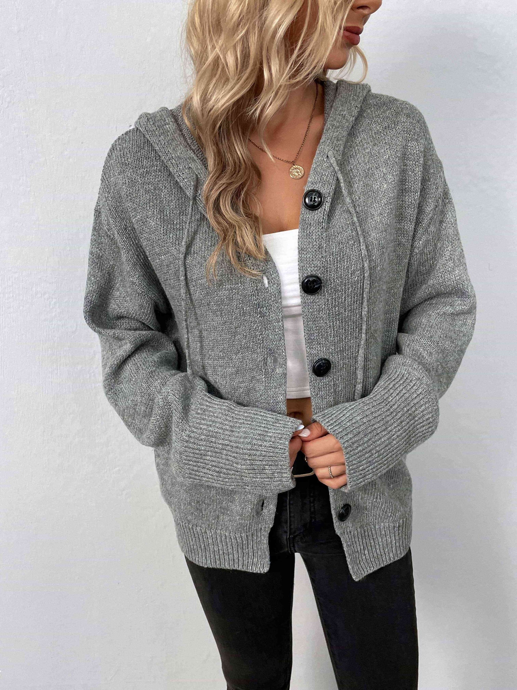Langärmeliger Kapuzenpullover mit Knopfleiste für Modische Damen