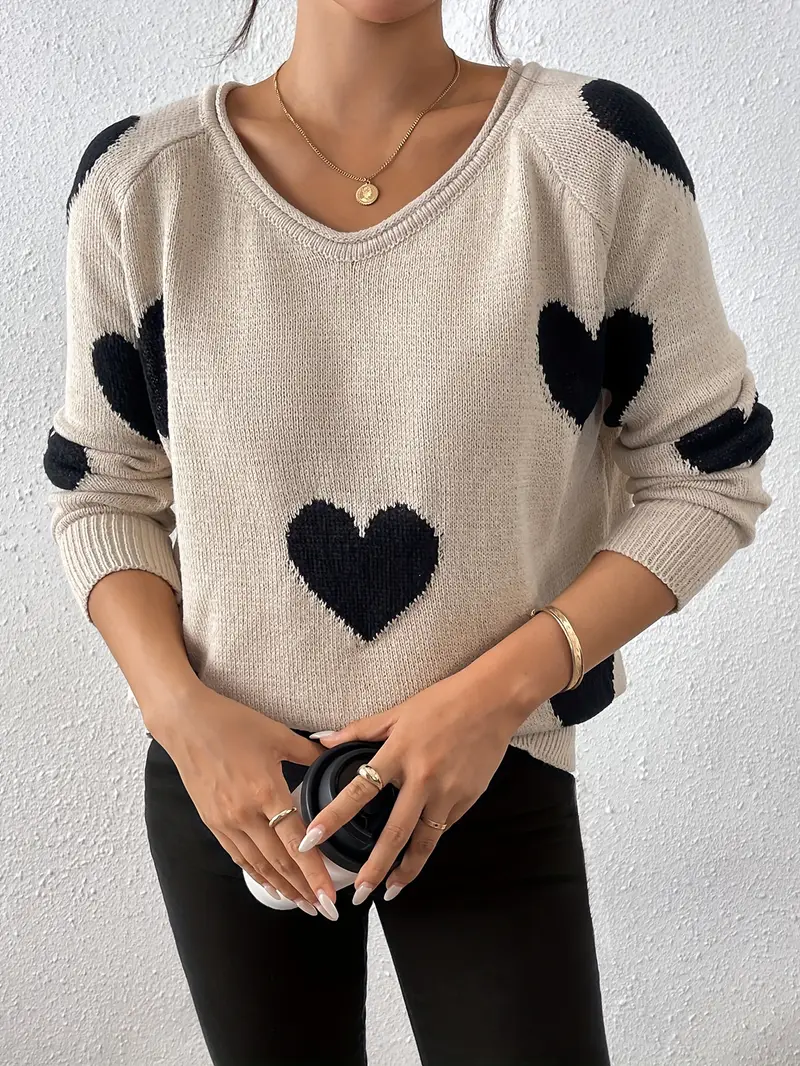 Damenpullover mit Herzmuster und V-Ausschnitt