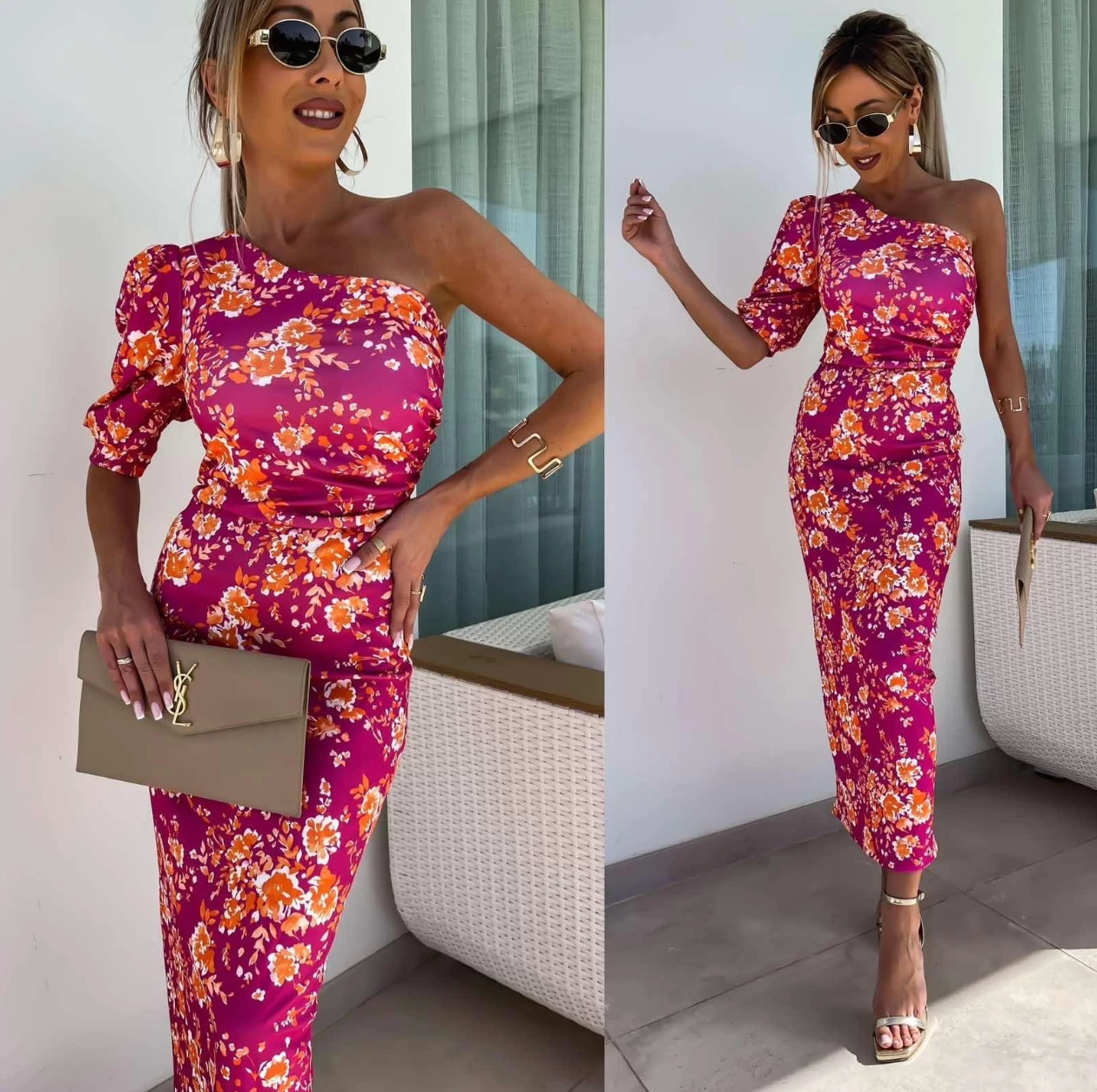 Elegantes langes Sommerkleid mit Print und asymmetrischem Träger