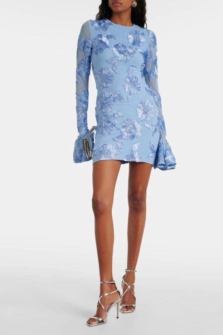 Minikleid mit floralen Verzierungen langen Ärmeln und offenem Rückenausschnitt
