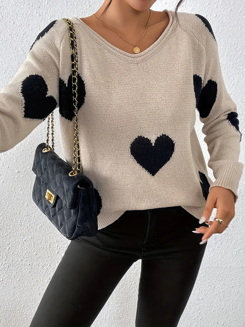 Damenpullover mit Herzmuster und V-Ausschnitt