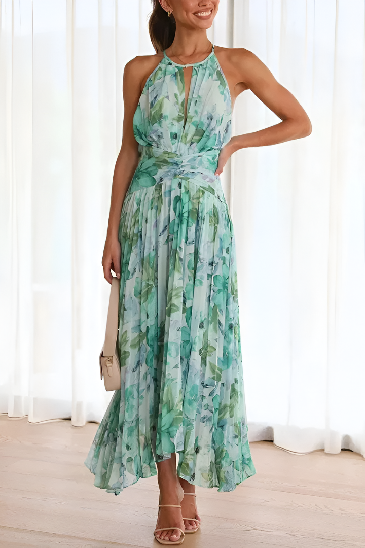 Elegantes Midikleid mit floraler Ausschnitt-Optik und femininen Falten