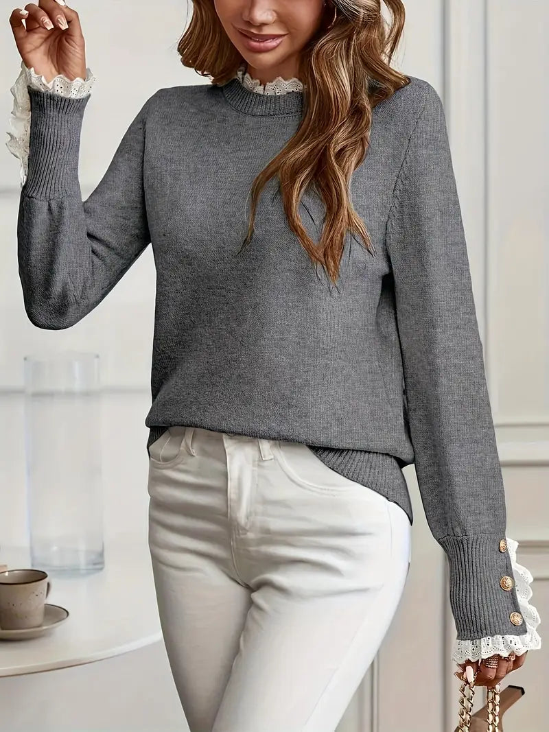 Stilvoller Damenpullover mit Rundhalsausschnitt und modernem Design für Ärmel und Kragen