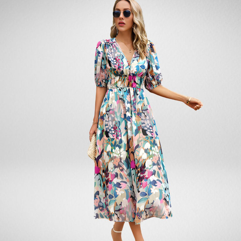 Midikleid mit geometrischem Druck und kurzen Lanternärmeln