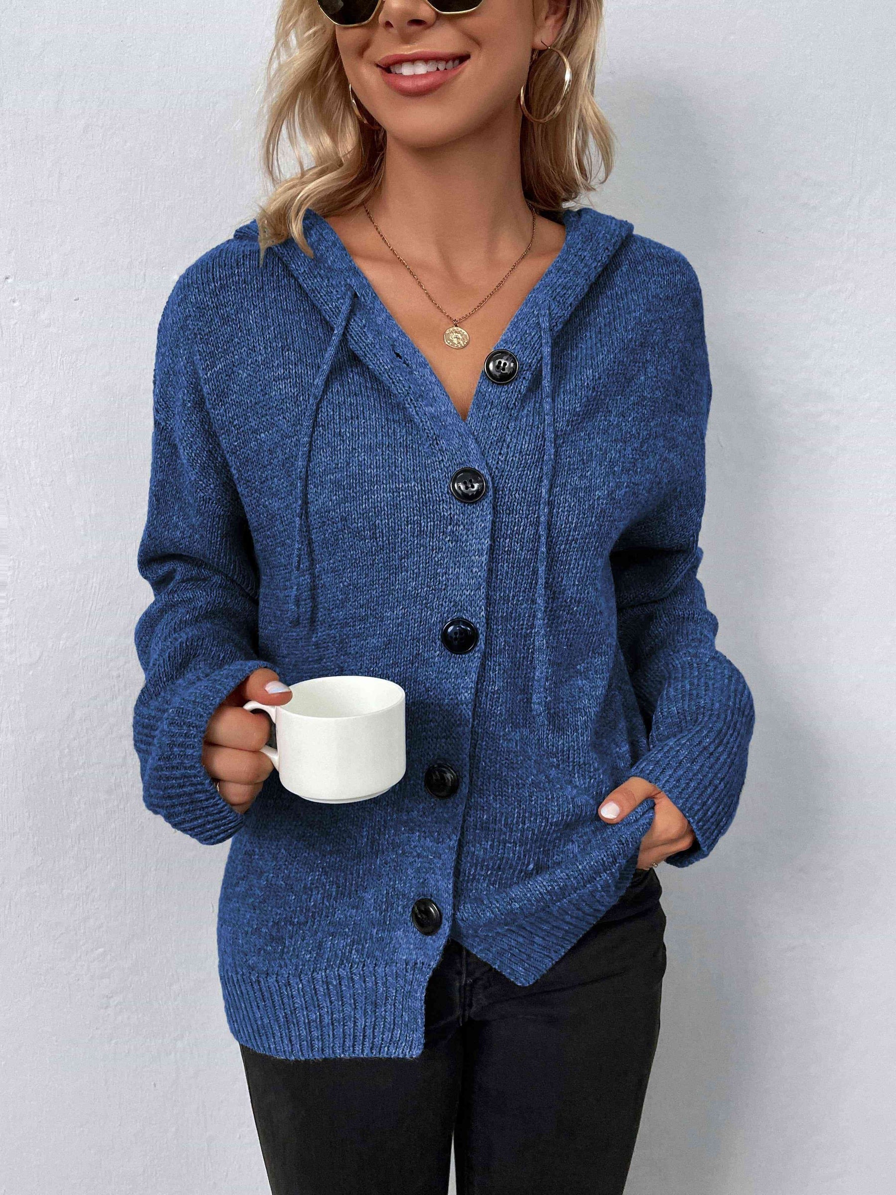 Langärmeliger Kapuzenpullover mit Knopfleiste für Modische Damen