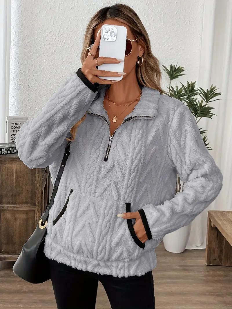 Trendiger Damen-Hoodie mit Kapuze und halbem Reißverschluss