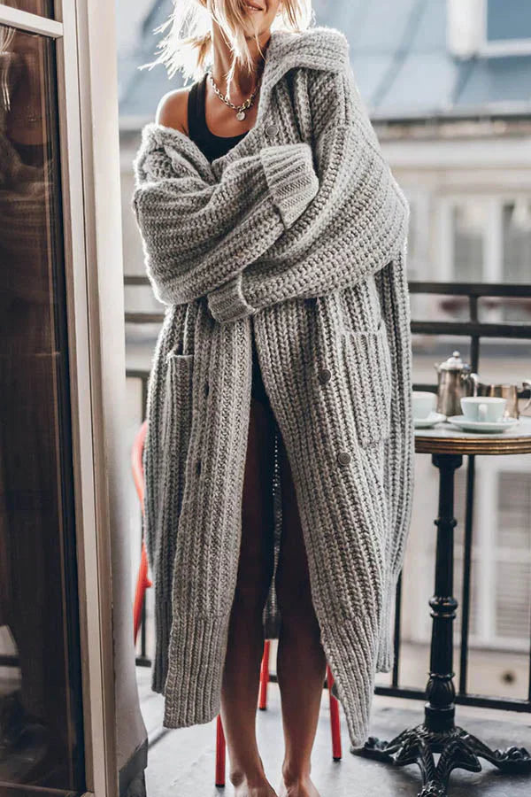 Grober Warmer Strick-Cardigan mit Knöpfen und Taschen – Lockerer Oversized-Schnitt