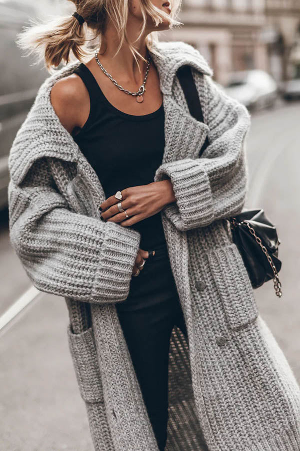 Grober Warmer Strick-Cardigan mit Knöpfen und Taschen – Lockerer Oversized-Schnitt