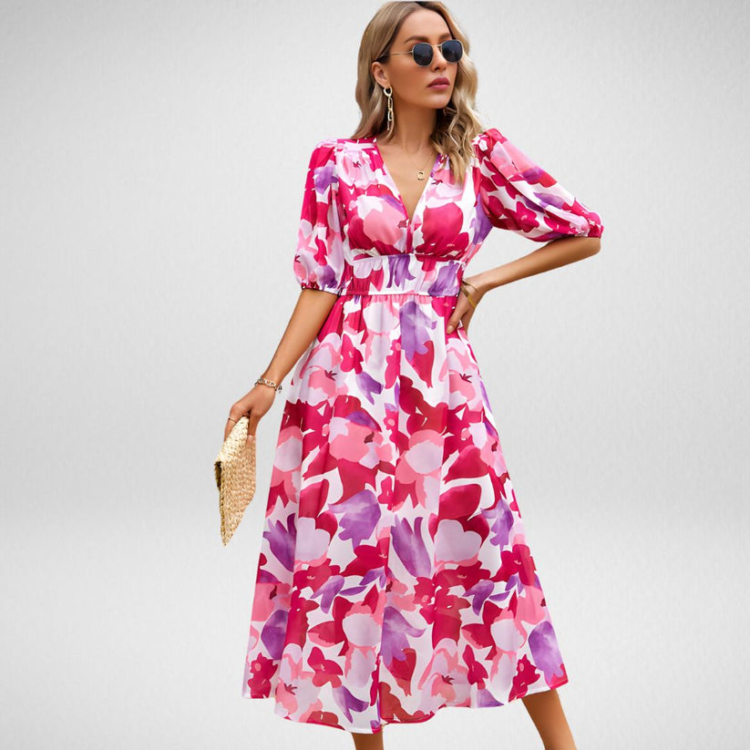 Midikleid mit geometrischem Druck und kurzen Lanternärmeln
