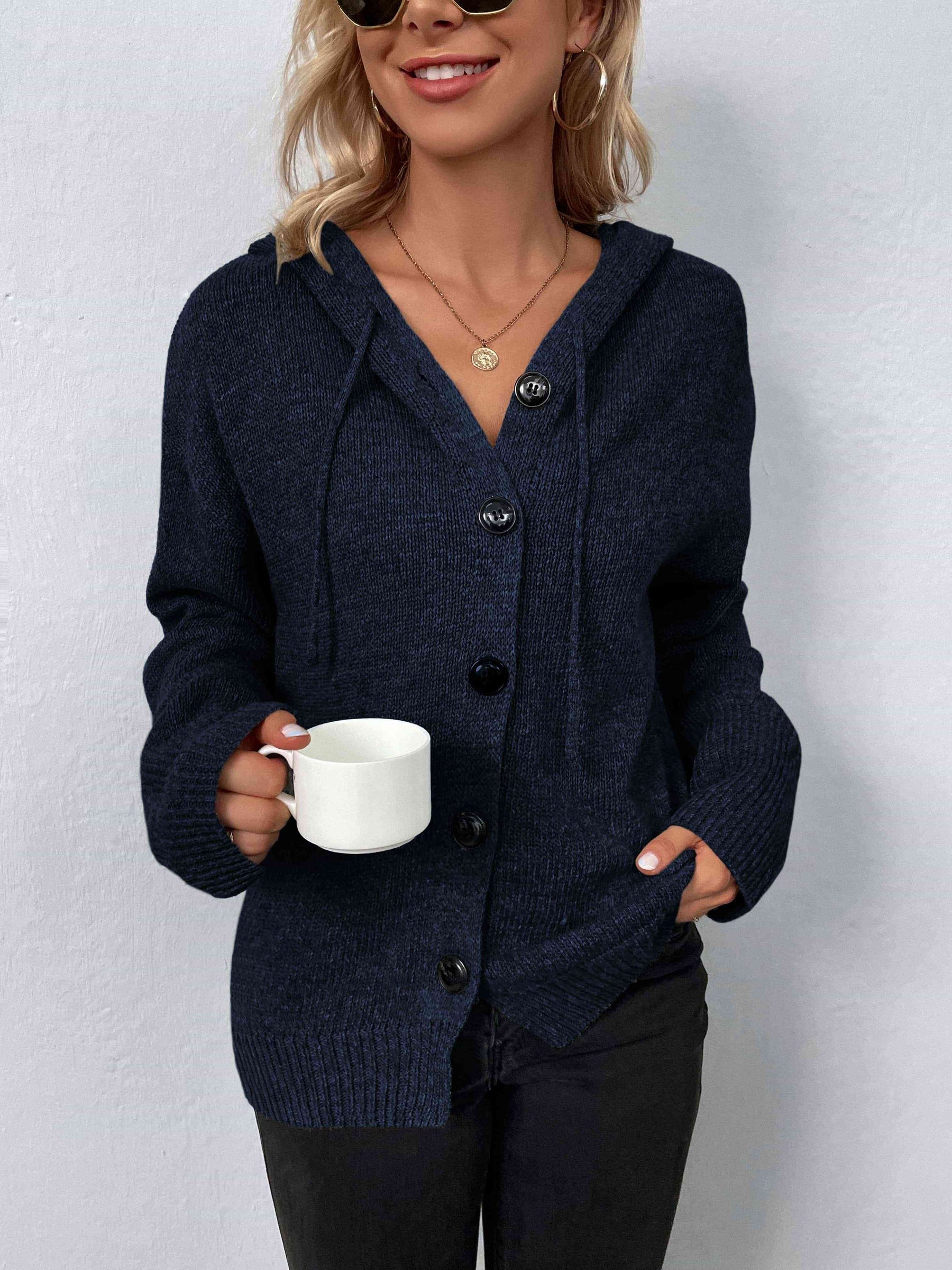 Langärmeliger Kapuzenpullover mit Knopfleiste für Modische Damen