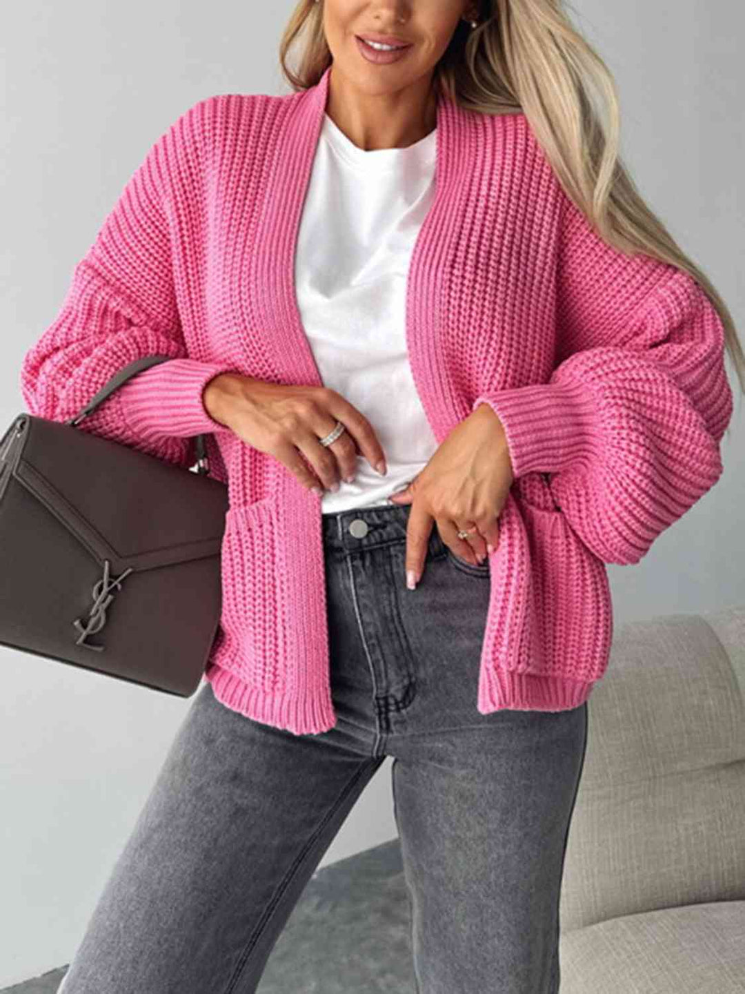 Bequemer Offene Front Cardigan mit Hängenden Schultern für einen Lässigen Aussehen