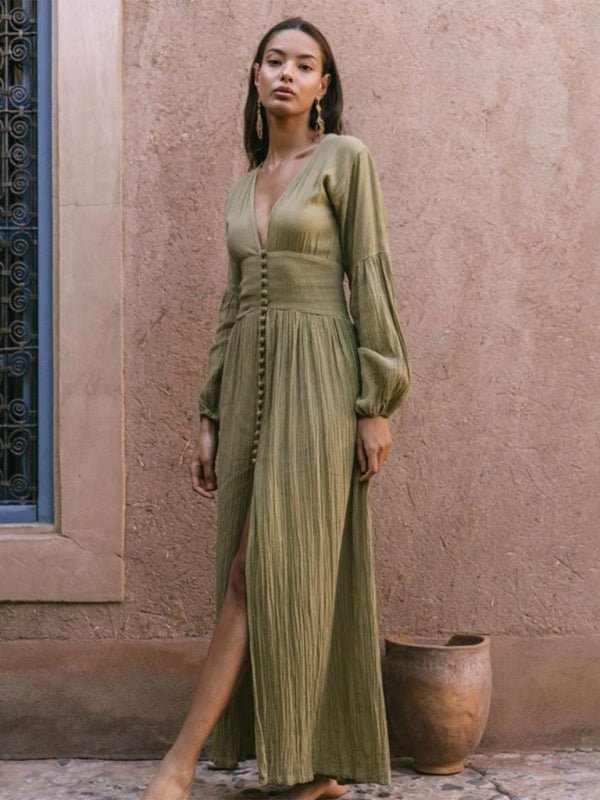 Langarmkleid mit V-Ausschnitt Taillenfalten und seitlichem Schlitz