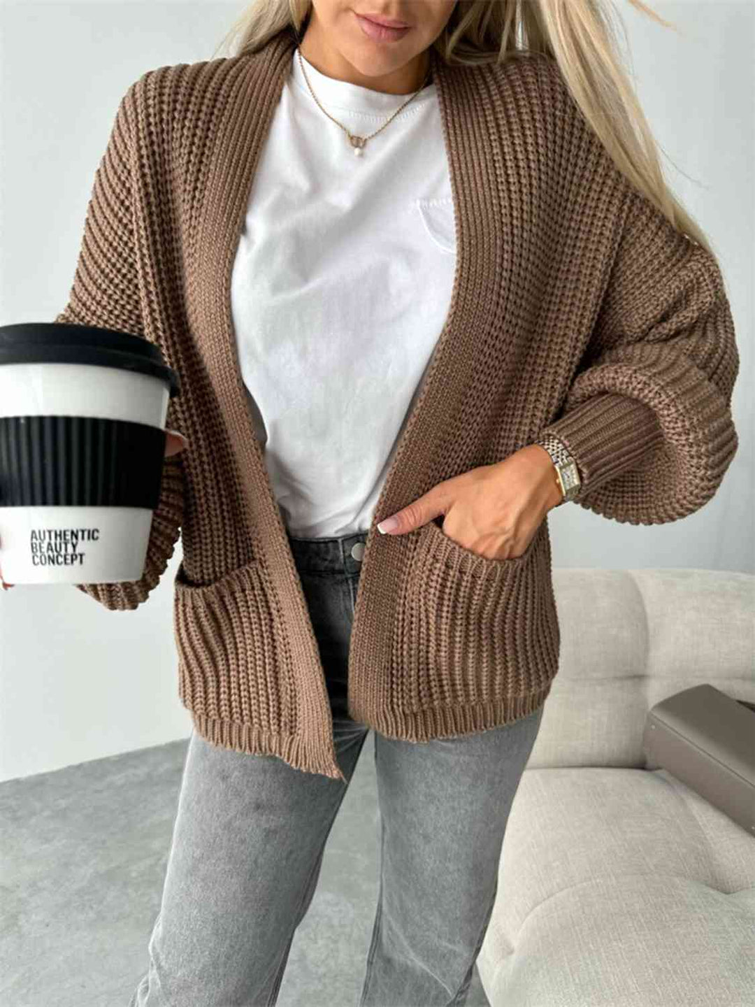 Bequemer Offene Front Cardigan mit Hängenden Schultern für einen Lässigen Aussehen