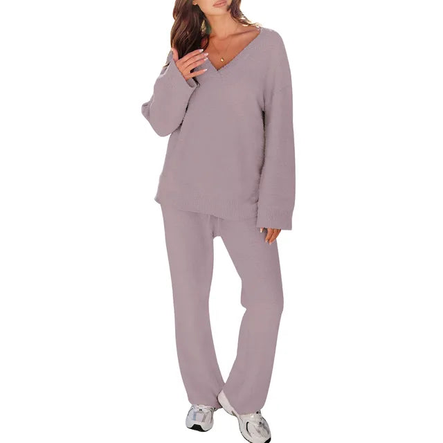 Bequemes Pyjama-Set mit V-Ausschnitt und Langen Ärmeln – Perfekt zum Entspannen