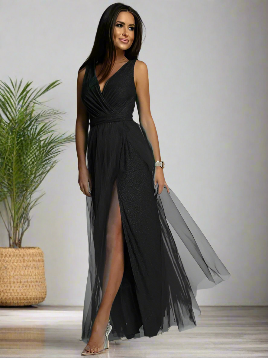 Langes Abendkleid mit stilvollem Design und V-Ausschnitt